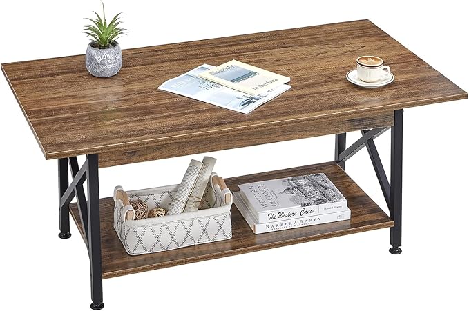 GreenForest Coffee Table with Storage, 39 inch Modern 2-Tier Coffee Tables for Living Room, X-Frame Design Farmhouse Coffee Table Space Saving Living Room Tables, Easy Assembly, Walnut