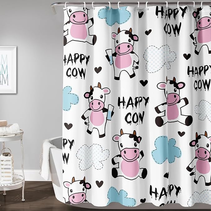 AILONEN Cute Cow Shower Curtain for Bathroom, Kids Children Cow Print Bathroom Curtain,Happy Cow Bath Curtain 48" W*72" H Polyester Waterproof Bathroom Curtain with 12 Hooks