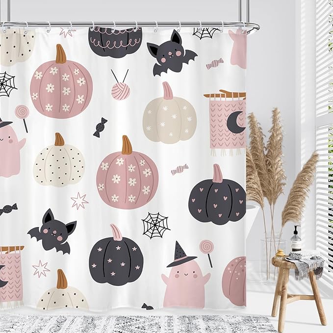 Girls Halloween Pumpkin Shower Curtain 60Wx72L Inch Cute Spooky Ghost Bat Cartoon Kids Holiday Bathroom Set Accessories Decor Polyester Waterproof with 12 Pack Hooks