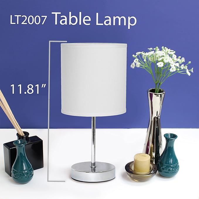 Simple Designs LT2007-WHT-LB Basic Chrome Mini Table Lamp for Living Room, Nightstand, Desk, Countertop, White, with Feit LED Bulb Included
