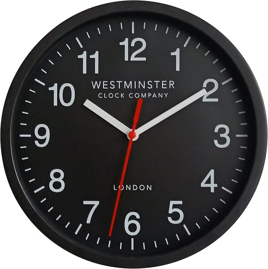 Westminster Clock Company 8" Wall Clock Ticking (Black 8 Inch Standard Quartz Wall Clock)