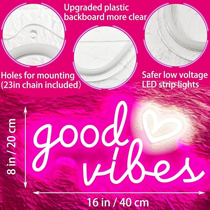 Good Vibes Neon Sign for Wall Decor, Good Vibes Neon Lights Sign, 16"x8" Heart and Good Vibes LED Signs for Bedroom Wall, USB Operated Pink Goodvibes LED Neon Lights Sign for Room Wall Decor