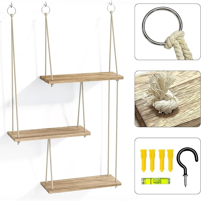 Fixwal Hanging Shelves for Wall, 3 Tier Boho Wall Decor Plant Rack Floating Shelves Rope Rustic Wood Organizer Storage Hanger for Aesthetic Home Bedroom Kitchen Bathroom- Rustic Brown