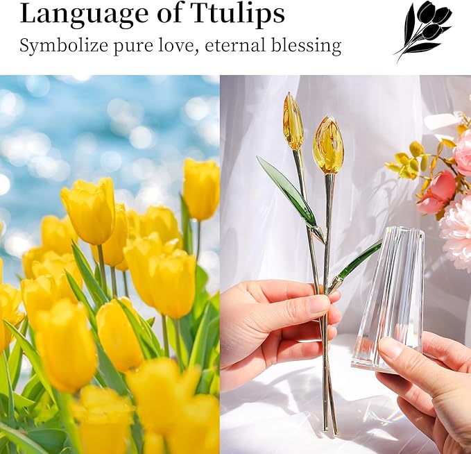 LONGWIN Crystal Tulips Flower Figurine Collectible with Vase Glass Spring Bouquet Flowers with Stem Home Decor Gift for Women Mom