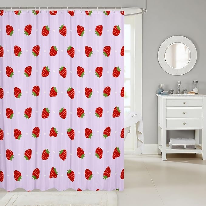 Feelyou Strawberry Fabric Shower Curtain Kawaii Fruit Shower Curtain for Kids Boys Girls Cute Bathroom Waterproof Accessories with 12 Hooks Kawaii Lovely Curtains,72x78 Inches