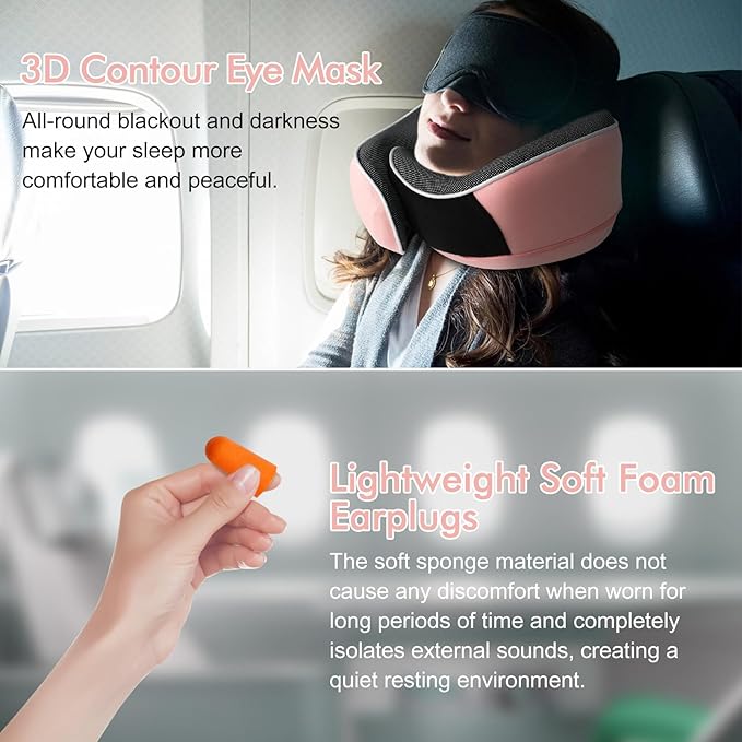 Travel Pillow,Upgraded 100% Memory Foam Neck Pillow for Traveling,Ergonomic Design Soft Best Flight Pillow,Neck Pillow Airplane Kit with 3D Contoured Eye Masks,Earplugs and Luxury Bag (Pink)