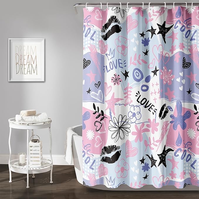 AILONEN Love Lipstick Shower Curtain,Stars with Flowers Theme Waterproof Fabric Shower Curtain Set for Girls Boys Kids Teens, 72" W*84" H Purple Graffiti Shower Curtain Set