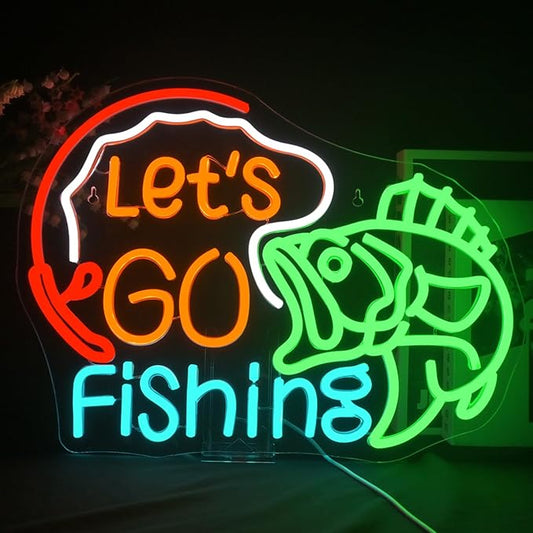 Lucunstar Let's Go Fishing Neon Sign,Dimmable Fish Neon Light for Wall Decor,LED USB Powered Fishing Hook Lights for Bedroom Living Room Man Cave Yacht Decor Men Gifts