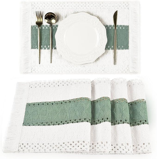 FEXIA Sage Green Boho Placemats Set of 4, Macrame Table Decor and Farmhouse Style Placemats Natural Cotton Burlap, for Dining Table