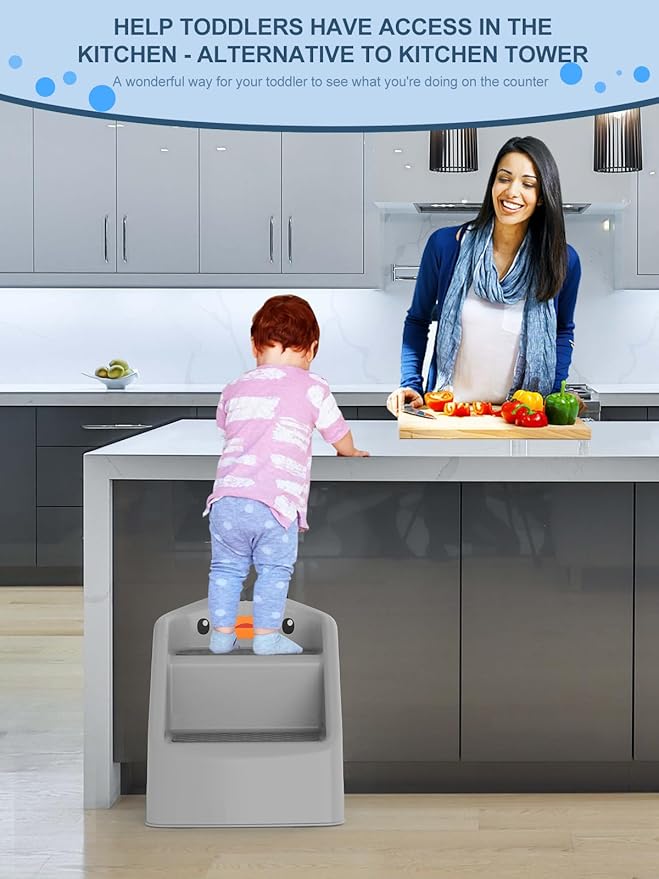 Toddler Kids Step Stool for Bathroom Sink Dark Grey | Foldable 2 Step Stool for Kids 1-4 Years Old | Dual Height 15.5" Child Kitchen Helper with Handles - Easy to Move, Slip-Resistant