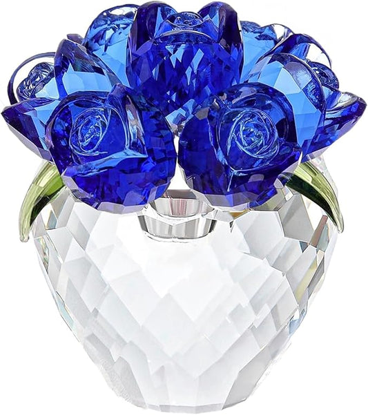 Crystal Flower Figurines - Glass Rose Home Decor - Flower Bouquet for Ladies Gifts(Blue)