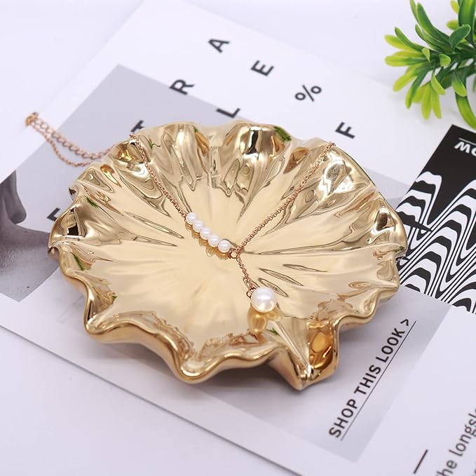 Soap Dish with Drain Ceramic Gold Lotus Leaf Soap Holder Soap Saver for Bar Soap, Kitchen Sink, and Bathroom Shower