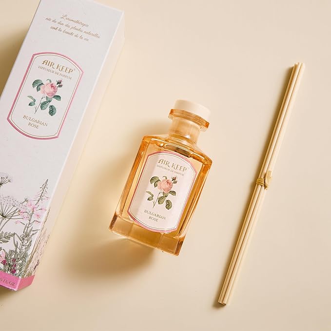 Airkeep Reed Diffuser Set-6.09 oz (180ml) Rose Bulgarian Scented Diffuser with 8 Reed Sticks Home Fragrance Oil Diffuser for Bathroom Shelf Decor