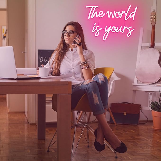 The World is Yours Neon Sign, Dimmable Word Lights for Wall Decor, Pink LED Neon Signs, World Neon Light up Sign for Bedroom Office Graduation Party Girl Room Birthday Present Engagement Valentine