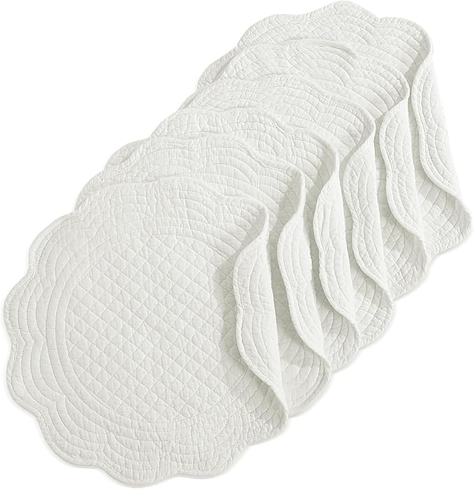 HOMBYS Quilted Placemats Set of 6 Washable Round Placemats for Kitchen Table-100% Cotton Fabric 15 Inch Round Table Mats, Cotton Fabric with Microfiber Filling, (15"x15", Cream White)