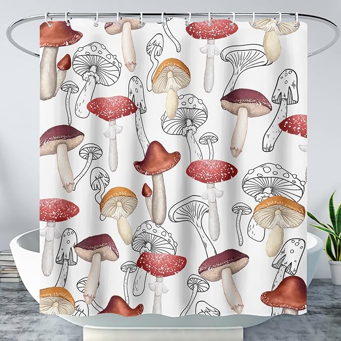 AILONEN Cartoon Mushroom Shower Curtain,Modern Shabby Chic Plants Fungus Themed Waterproof Bath Curtain,Minimalist Curtain for Bathroom Decor, 72" W x 72" H