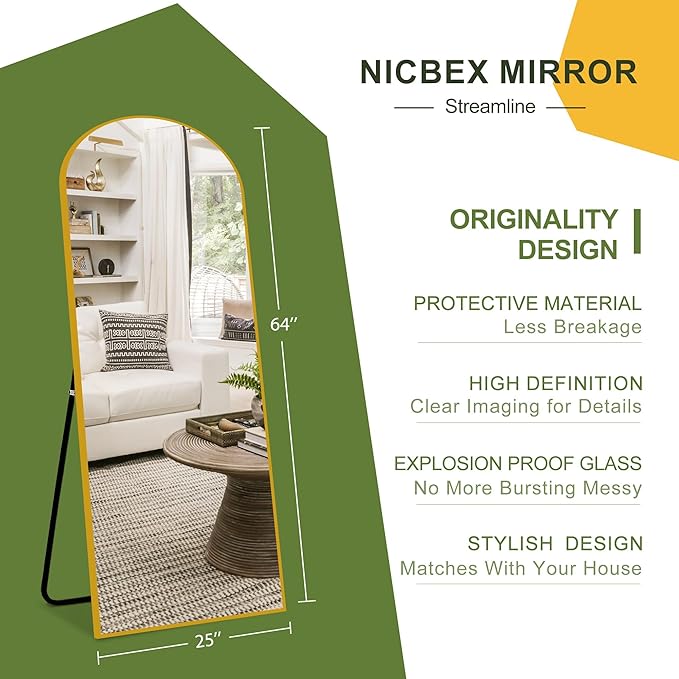 NicBex Arched Full Length Mirror, 64"x24" Aluminum Alloy Frame Full Body Mirror with Stand, Gold - Free Standing, Leaning Against Wall or Wall-Mounted, for Bedroom Living Room Dressing Room