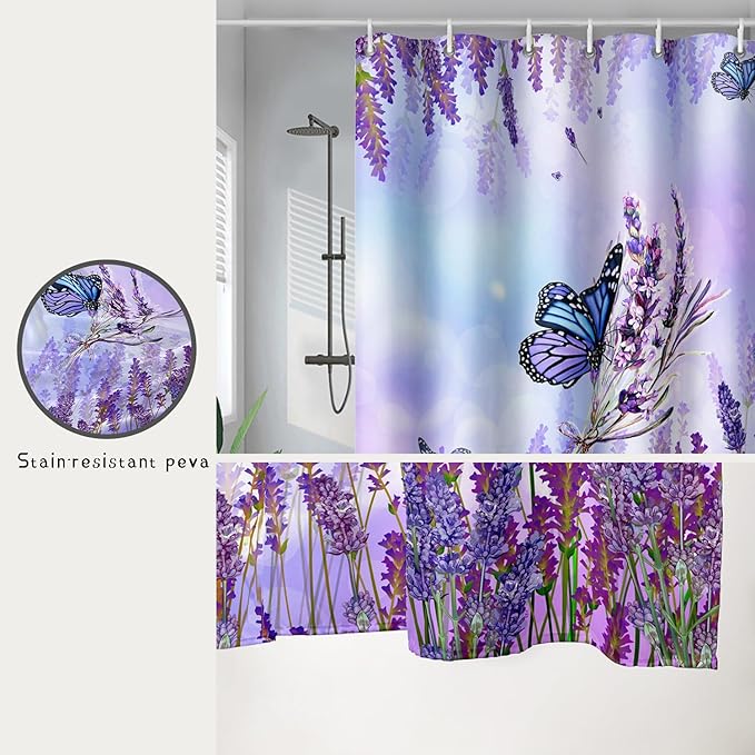 AILONEN Flying Butterfly Shower Curtain for Girl Women,Purple Lavender Flower Butterfly Floral Decor Bath Curtain 60" W*72" H Polyester Fabric Waterproof Bathroom Bathtub Curtain with 12 Hooks