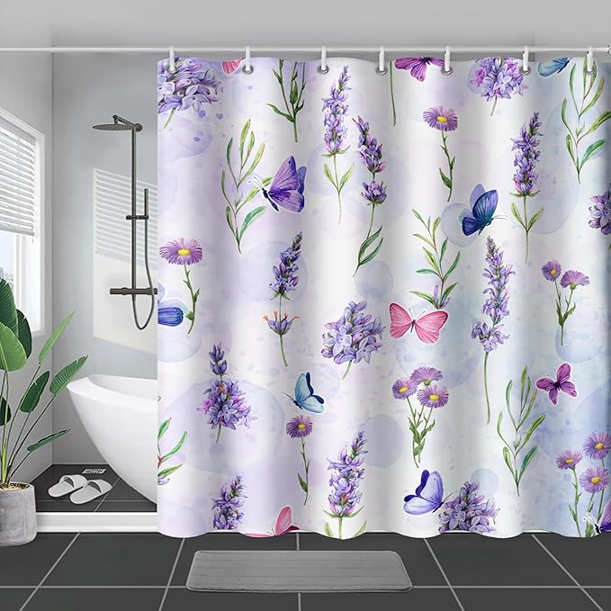 AILONEN Purple Flower Butterfly Shower Curtain 72" W*96" H,Spring Floral Girls Bathroom Decor,Modern Tie Dye Watercolor Butterfly Bath Curtain Polyester Waterproof Bathroom Curtain with Hooks