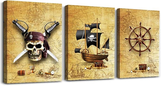 Pirate ship and rudders Canvas Wall Art for Living Room Bedroom Decoration wall painting,Bathroom Wall Decor Home Decoration kitchen posters artwork，Adventure map decoration 16x12 inch/ 3 piece set