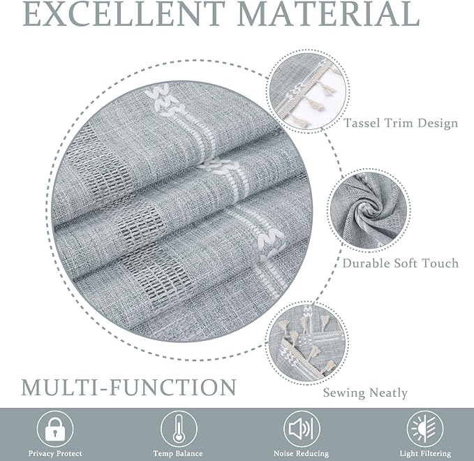 ColorBird Curtains for Bedroom, Grey Blue Linen Darkening Drapes 63 inch Length 2 Panels, Embroiderey Boho Farmhouse Room Divider Curtains for Living Room Dining Nursery Closet