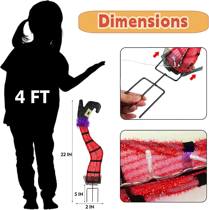 Juegoal Set of 2 Halloween Lighted Wicked Red Witch Legs with Stakes,22" Light Up Tinsel Halloween Yard Signs Prop Timer & 8 Modes, Battery Operated for Outdoor Party Haunted House Garden Decor