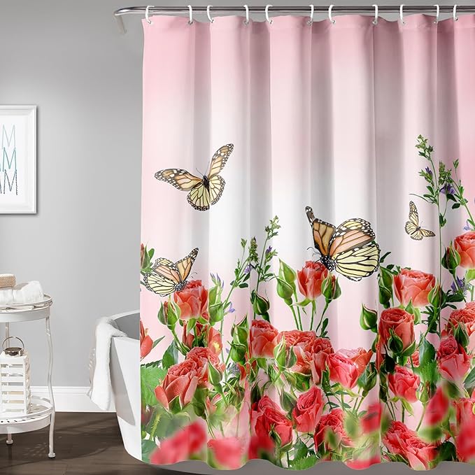 AILONEN Butterfly Shower Curtain for Bathroom, Red Flower Bath Curtain,Flying Butterfly Bathroom Curtain,Polyester Waterproof Bathroom Decor Curtain with 12 Plastic Hooks(36" W*72" H)