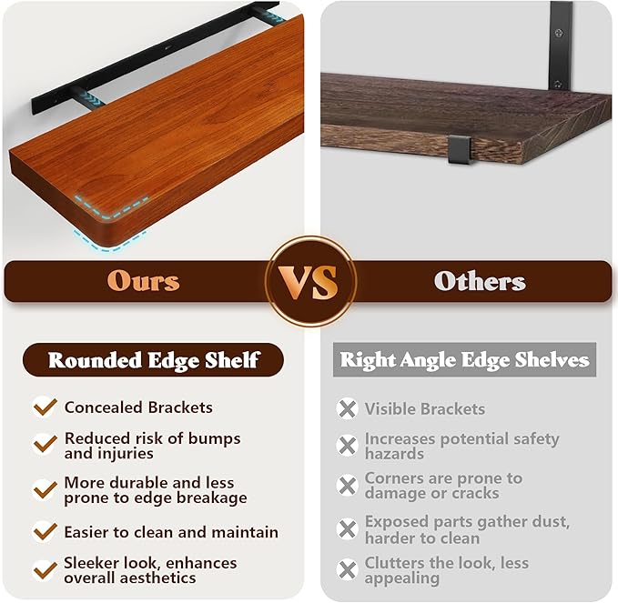 Floating Shelves for Wall, Wood Shelves with Invisible Brackets for Bathroom, Living Room, Bedroom and Kitchen, Long Wall Shelf for Books/Storage/Room Decor, 36 Inch, Set of 2, Walnut