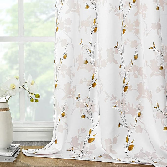 Joydeco Floral Curtains 108 Inches Long for Bedroom 2 Panels, Room Darkening Curtains Patterned Panels for Living Room with Grommet, 80% Blackout Leaf Printed Drapes(Leaf Brown-108)