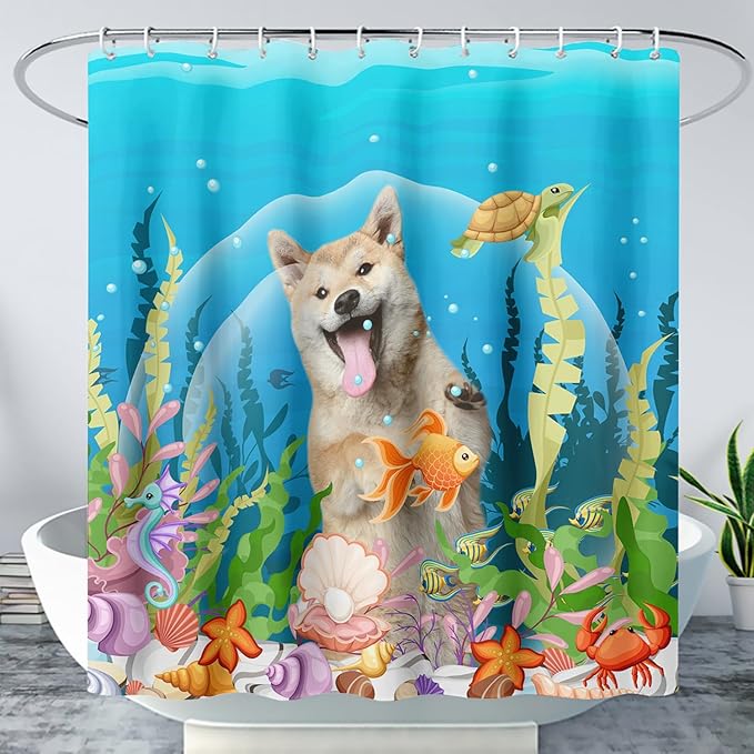 AILONEN Cute Dog Shower Curtain for Boys Girls, Pet Puppy Dog Lover Shower Curtain, 72" W*72" H Waterproof Animal Turtle Fish Ocean Themed Shower Curtain Decor Bathroom with Grommets and Hooks