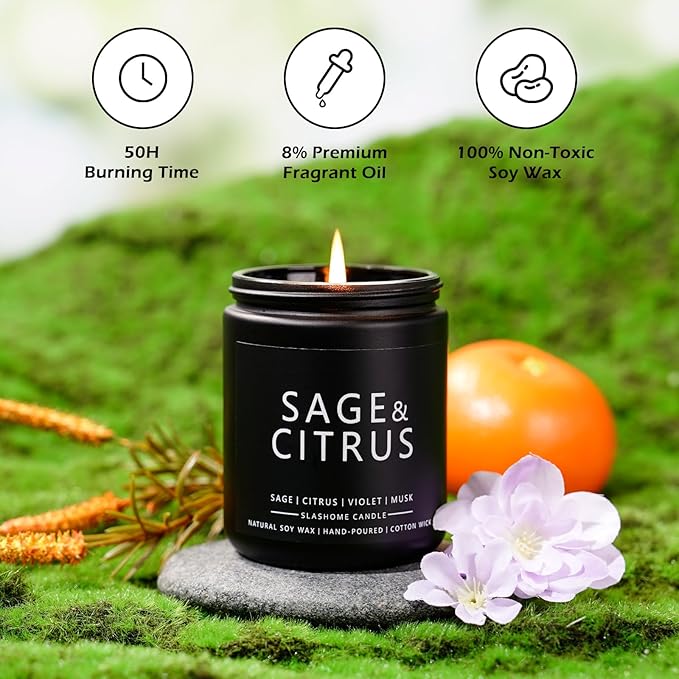 Sage & Citrus Scented Candles for Men, Outdoor Summer Gifts for Father Dad & Boyfriend, Soy Jar Candle for Home Scented (7oz)