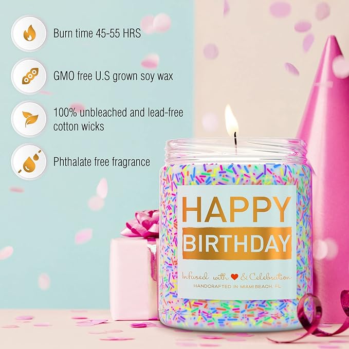 Happy Birthday Candle - Vanilla Birthday Cake Scent with Sprinkles Cute Birthday Gifts for Women Ideas, Made in USA, 9 oz - Cool Unique Bday Gift for Her, Best Friend, Men