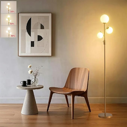 Fiqevs Dimmable Globe Floor Lamp, 3 x 800LM LED Bulbs Included Brightness Adjustable, Mid Century Modern Glass Floor Lamps for Living Room, Gold Standing Tall Lamp for Bedroom Office Dining Room