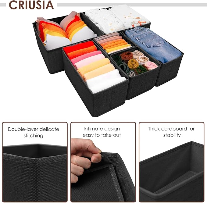 Criusia 6 Pack Clothes Drawer Organizer Dividers, Fabric Foldable Closet Dresser Drawer Organizer for Clothing, Bra Sock Underwear Drawer Organizer for Nursery Bedroom Organization (6 Bins, Black)