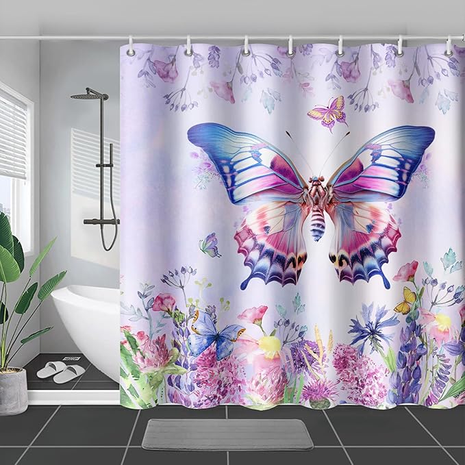 AILONEN Colorful Butterfly Shower Curtain for Girl Women,Purple Flower Beautiful Butterfly Printed Bath Curtain 72" W*84" H Polyester Fabric Waterproof Bathroom Bathtub Curtain with 12 Hooks
