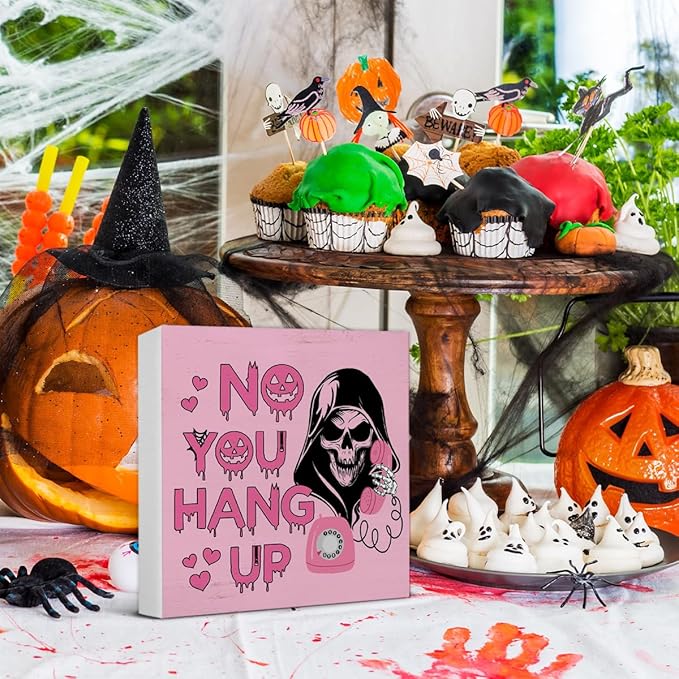 Halloween Decorations, No You Hang Up Wooden Sign Decor Desk Sign Funny Horror Ghost Wooden Block Sign Halloween Home Decor for Table Shelf 5 x 5 Inch