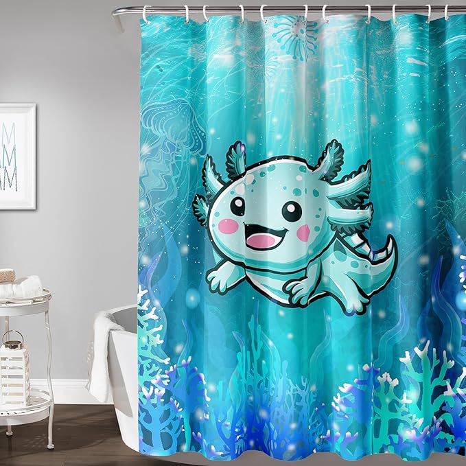 AILONEN Cute Axolotl Kids Shower Curtain for Bathroom,Blue Ocean Jellyfish Coral Print Bath Curtain 72" W*96" H,Girls Boys Kawaii Salamander Decorative Waterproof with 12 Plastic Hooks