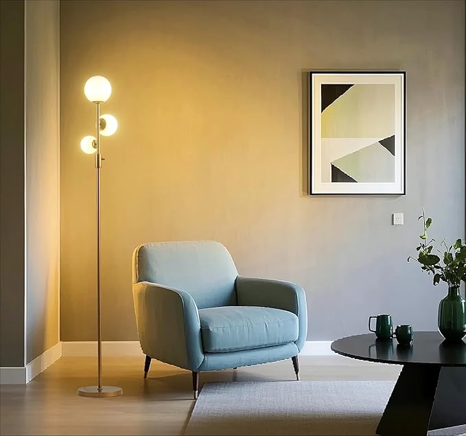 Fiqevs Upgrade Dimmable Floor Lamp, 3 Globe Mid Century Floor Lamps for Living Room with Frosted Glass Shade and 3 LED Bulbs, Vintage Modern Gold Standing Lamp for Bedrooms, Office - Antique Brass