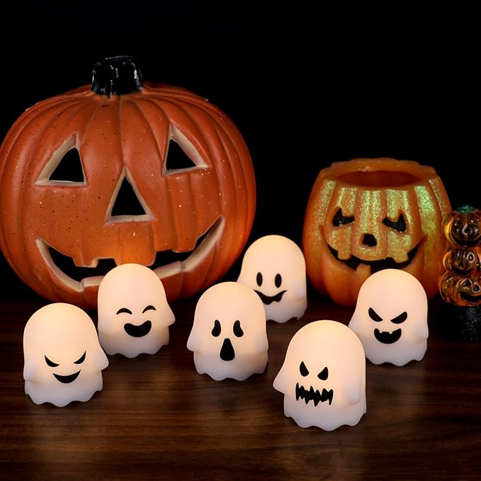 DRomance Ghost Flickering Flameless Candles Battery Operated with Remote and Timer 6 Pack Spooky White LED Tea Lights Candles Dimmable Light Halloween Indoor Decoration Gifts(2 x 2.4 Inches)