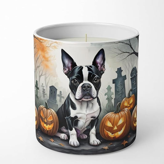Caroline's Treasures DAC2022CDL Boston Terrier Spooky Halloween Decorative Soy Candle Nature Soy Wax Essential Oil Home Decor Ideal for Bedroom Kitchen Bath Office Gift, 10 oz