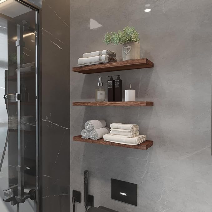 Floating Shelves 24 Inch Wall Shelf Solid Wood Mounted Storage for Bedroom Living Room Set of 3, Rustic Brown Wall Shelves