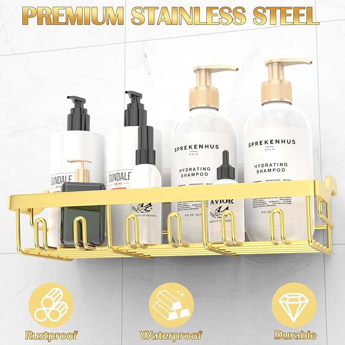 2 Pack Shower Caddy, Adhesive Shower Organizer for Bathroom Storage, Rustproof Stainless Steel Shower Shelves, No Drilling, Large Capacity Shower Rack Shelf for Inside Shower, Gold