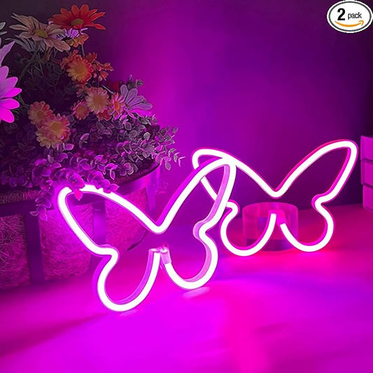 2 Pieces Butterfly Neon Sign, LED Light for Bedroom Wall Decor, USB/Battery Powered Night Light for Kids Room, Girls Home, Wedding, Birthday Party Art Decorations