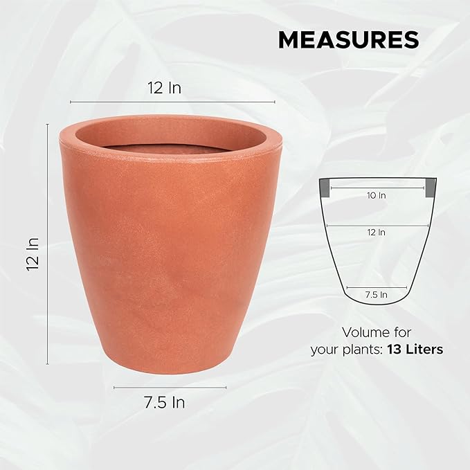 Elly Décor 12 inch Planter for Garden with Drainage, Large Round, Lightweight & Extremely Durable, Deck Indoor/Outdoor Plastic Pot, 12"x12"x7", Terracotta