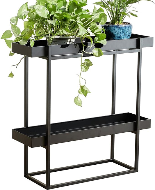 2 Tier Plant Stand Indoor Outdoor - 29 x 9 x 28 Inches Plant Shelf for Home and Office Decor - Narrow Plant Stand for Lawn, Patio, Balcony and Living Room - Heavy Duty Iron - Black