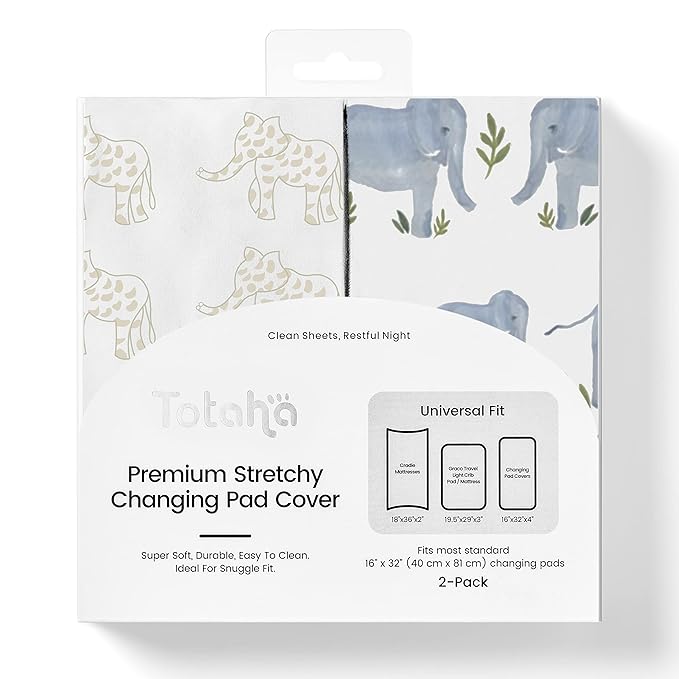 TotAha Premium Stretchy Changing Pad Covers (2-Pack)-Hypoallergenic, Silky Comfort, Buttery Soft, Calming Effect, All-Season Jersey-Knit 5'' Deep Pocket (Belgian & Blue Painted Elephant)
