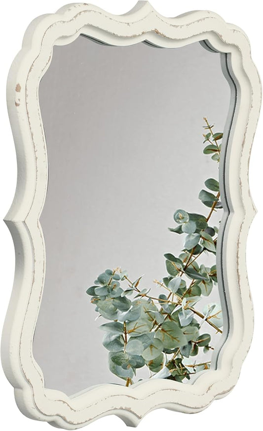 Rustic White Small Scalloped Wall Mirror 12" x 15", Mirror Wall Decor, Decorative Wall Mounted Mirrors, Bathroom Mirrors for Vanity, Distressed Finish Vintage Wall Mirror for Living Room