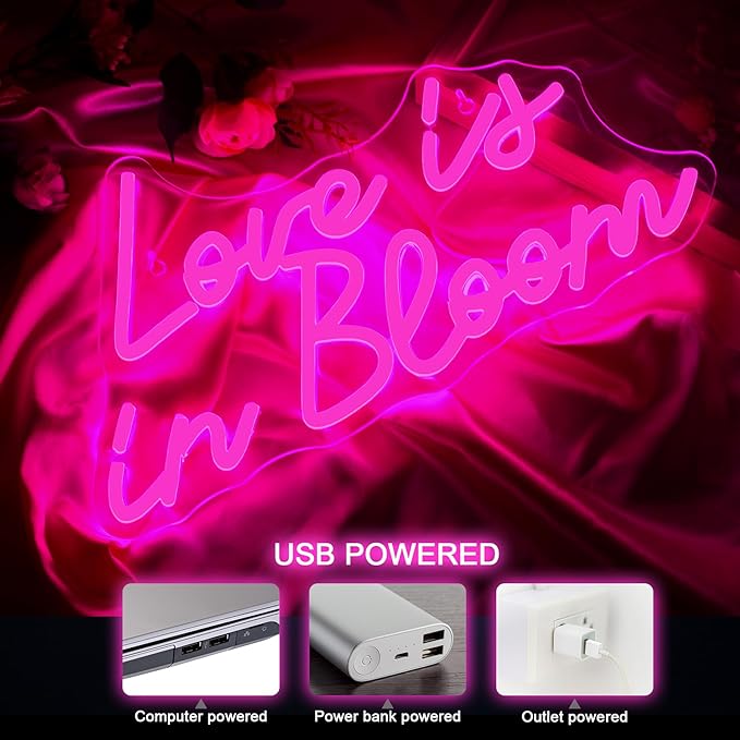 NOSUN Love is in Bloom Neon Sign for Wall Decor Dimmable Led Lights Signs Letters Signs for Bridal Shower Pink Neon Light Room Decor for Wedding Engagement Birthday Party Gift