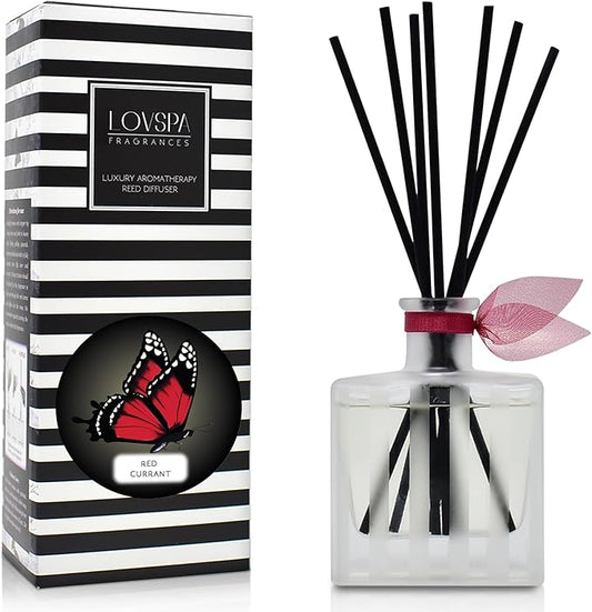 LOVSPA Red Currant Reed Diffuser and Scented Sticks Gift Set - Tart Red Currants, Vanilla, Lime & Raspberry Scent Notes - Diffuser for Large Rooms - Made in The USA