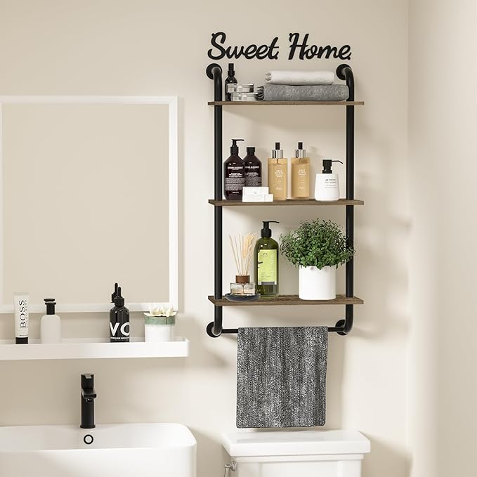 Bathroom Shelves Wall Mounted, 3-Tier Rustic Wood Wall Shelf, 17.3 inch Industrial Pipe Floating Bathroom Shelf,Brown